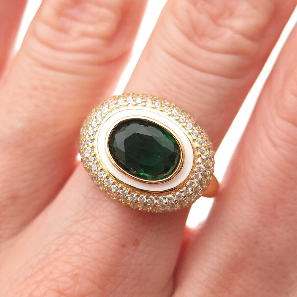 925 Sterling Silver Gold Plated Green & White C Z Ring Size 7